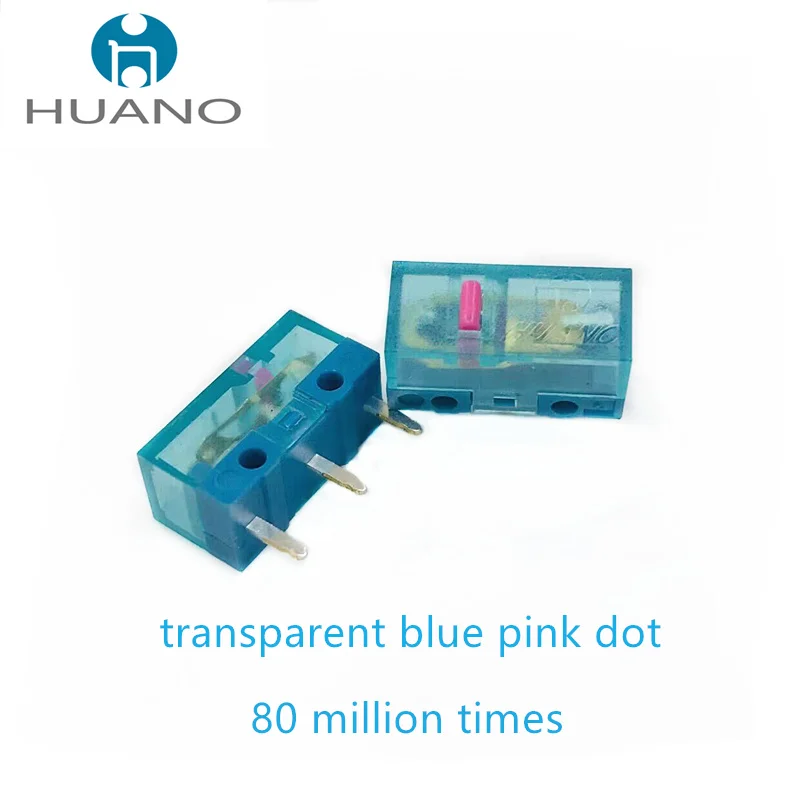 100шт Нов микропереключатель мишката HUANO Прозрачен син корпус розова точка 80 милиона пъти 0,74 N компютърна мишка 3-пинов бутон превключвател . ' - ' . 0