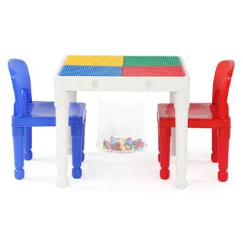 Комплект от пластмасова детска масичка и 2 стола Humble Crew 2 в 1, бяло, червено и синьо на маса, занимания за деца