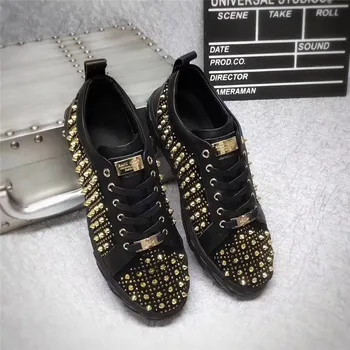 Мъжки обувки златист цвят с нитове, директни продажби, с фабрики, висококачествени ежедневни мъжки обувки дантела, есента модерен дизайн 2019