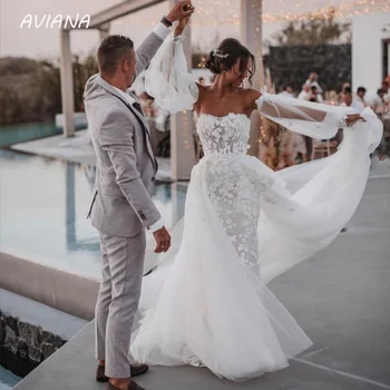 Aviana Елегантни сватбени рокли без презрамки 2023, подвижна панделка, буйни ръкав, бельо рокля с отворен гръб, просто сватбена рокля, Vestido De Noiva