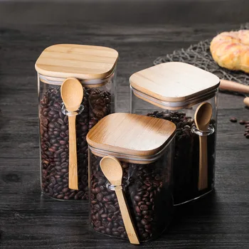 Кухненски кутия за съхранение обем 800-1200 ml от прозрачно стъкло, запечатани на банката за кафе на зърна с лъжица и бамбук капак