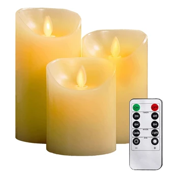 Комплект от 3 беспламенных свещи 4 инча 5 инча 6 инча бял цвят, включва дистанционно управление реалистично танци led пламък