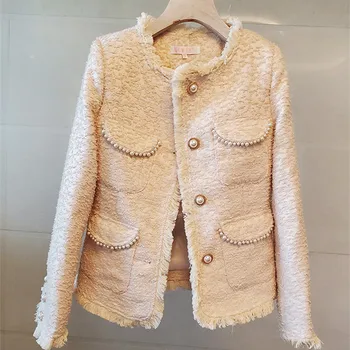 Най-новият 2022 есента и зимата дизайнерски модерен женски туид яке с копчета, украсени с перлата на мъниста и ресни