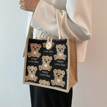Дамски чанта през рамо с хубав модел мечка, холщовая бельо чанта, мини чанта за момичета, чанта за носене, ежедневна чанта за обяд, чанта за подмишниците