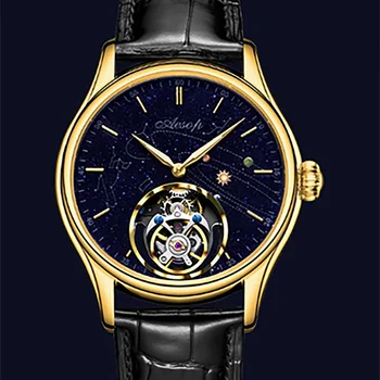 Мъжки механичен часовник с турбийоном и диаманти от естествена кожа AESOP, водоустойчив ръчен часовник, луксозни спортни дизайнерски часовници с виртуален скелет