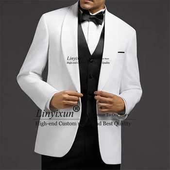 Модни бели мъжки костюми, Булчински смокинг за младоженеца, оборудвана блейзър за младоженеца, парти, абитуриентски бал, комплект от 3 теми, яке, жилетка, панталон, костюм Homme