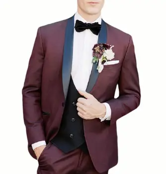 Бордо сватбен костюм за мъже, 3 предмет, приталенная облекло за партита, смокинг за бала, палта, панталони