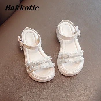 Сандали принцеси за момичета 2023 Летни детски обувки на плоска подметка модно премяна плажни обувки за деца с кристали и перли Мека подметка
