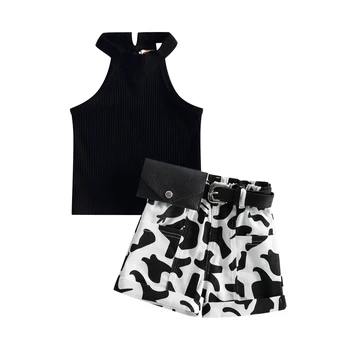 Комплекти летни дрехи за малките момичета, монофонични жилетка в рубчик без ръкав + гащета с принтом крави с колан чанта