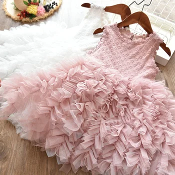 Сладка розова рокля с флорални лък за момичета за рожден ден, лятна нови дрехи от тюл без ръкави за малки момичета, костюм на принцеса за сватбени партита