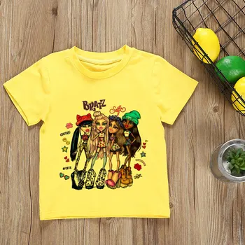 Тениска принцеса в корейски стил, детски дрехи за момичета, тениска с графичен принтом Bratz, летни блузи за деца от 3 до 13 години, розов, жълт, бял
