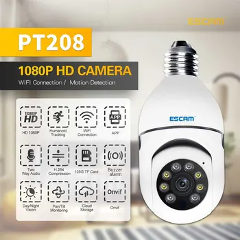 ESCAM PT208 Безжична Камера за Нощно Виждане с мобилно проследяване 1080P, Wi-Fi Връзка ONVIF, Двупосочна Гласова Интелигентна Камера за Нощно Виждане е с Два източника на светлина