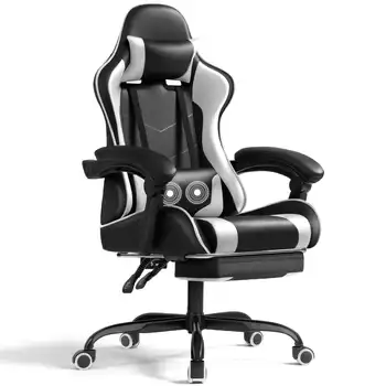 Игралното стол от изкуствена кожа Lacoo, масажен ергономичен стол за геймъри, регулируема по височина компютърен стол с поставка за краката и лумбална опора