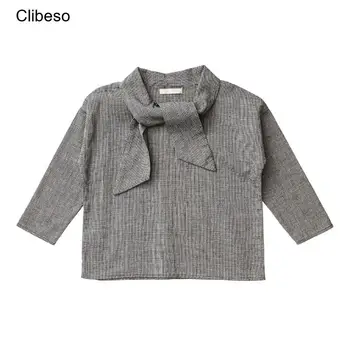 2023, есенна блуза Clibeso за малки момичета, детски реколта риза в клетка с лък, детски стилен пуловер, топ