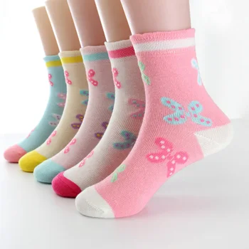 5 двойки/лот, пролетно-есенни висококачествени чорапи за момичета, памучни чорапи, ярки цветове с пеперуди за момичета, детски чорапи от 3 до 12 години