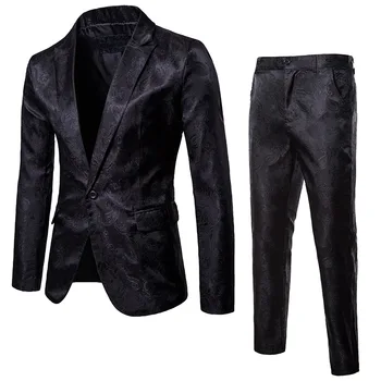 Черни Мъжки Модни Костюми с шарките, 2 броя, Приталенные Смокинги на една пуговице, Смокинги за Абитуриентски бал, Комплект костюми за партита (Сако + панталон)