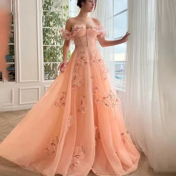 Розови рокли за абитуриентски бал с 3D цветна бродерия, трапециевидные домашни рокля с открити рамене, тюлевое дълга рокля за абитуриентски бал, рокли на принцеси за партита
