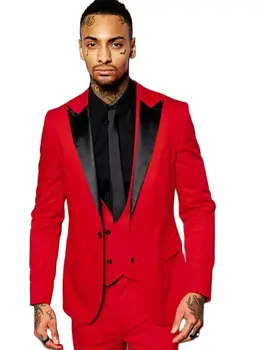 2022 Модерни Червени Мъжки Костюми с Черен ревера, 3 бр., Смокинг, Мъжки костюм По Поръчка, Приталенные костюми за младоженец, дрехи (Яке + Панталон + елек)