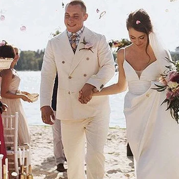 Плажен ленена сватба смокинг за младоженеца, летни двубортные мъжки костюми за бала, оборудвана мъжки модерен сако, яке, панталони от 2 теми