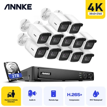 ANNKE 8MP система за видеонаблюдение Ultra HD POE, 4K 16CH НРВ, 12X8MP, при всякакви метеорологични условия IP камери за наблюдение, откриване на превозни средства на човек