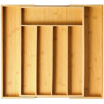 Бамбук разтегателен органайзер за кухненските чекмеджета - Кухненски органайзер за трапезно сребро, кутия, органайзер, за съдове, тава