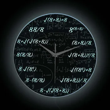 Восьмичасовые стенен часовник в стил на преподаване на математиката с led подсветка на математически формули произведения на изкуството Светещи часовници за Подарък на учителите по математика