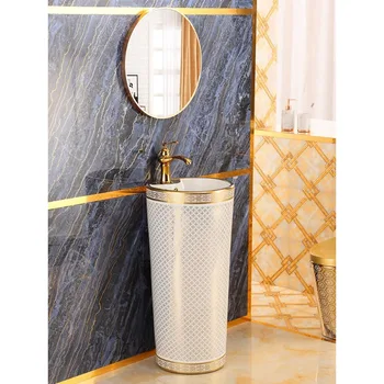 Мивка Tuhao Gold покритие покритие, керамични малък блок, вградена мивка за подово тип, маса за миене на баня, колона