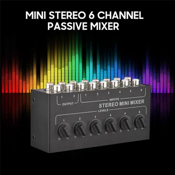 Мини стерео CX600, 6-канален пасивен миксер, преносим аудиомикшер RCA, 6 входа и 2 изхода, стереораспределитель, регулатор на силата на звука