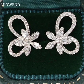Обеци от бяло злато 18 карата LUOWEND с тези естествени диаманти 0,44 карата, блестящи обеци-карамфил под формата на пеперуда за жени, бижута за партита