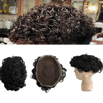 Подмяна на човешки косъм малайзия девственици # 1b, перука с завитком 15 мм, 7x9, напълно завързана, за черни мъже