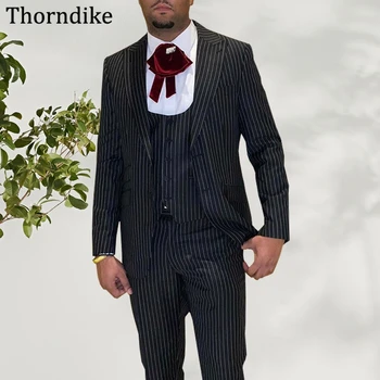 Мъжки костюм в ивица от Thorndike, Елегантен, Официален Бизнес Костюм Custome Homme, Ушити По Поръчка Смокинги на Младоженеца от три Части За Сватбени партита