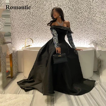 Романтични Вечерни Рокли от Черен Сатен Саудитска Арабия С Пищни ръкави И кружевными апликации, Дълги Празнични Рокли, Вечерни рокли