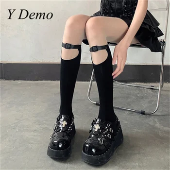 Y Demo Techwear Дамски Еластични Тънки Чорапи със Средна Дължина, с Кожени Катарами